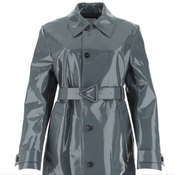 NEW BOTTEGA VENETA High Waisted Shine Triangle Leather Gray Trench Belt Sz Small - Picture 7 of 16